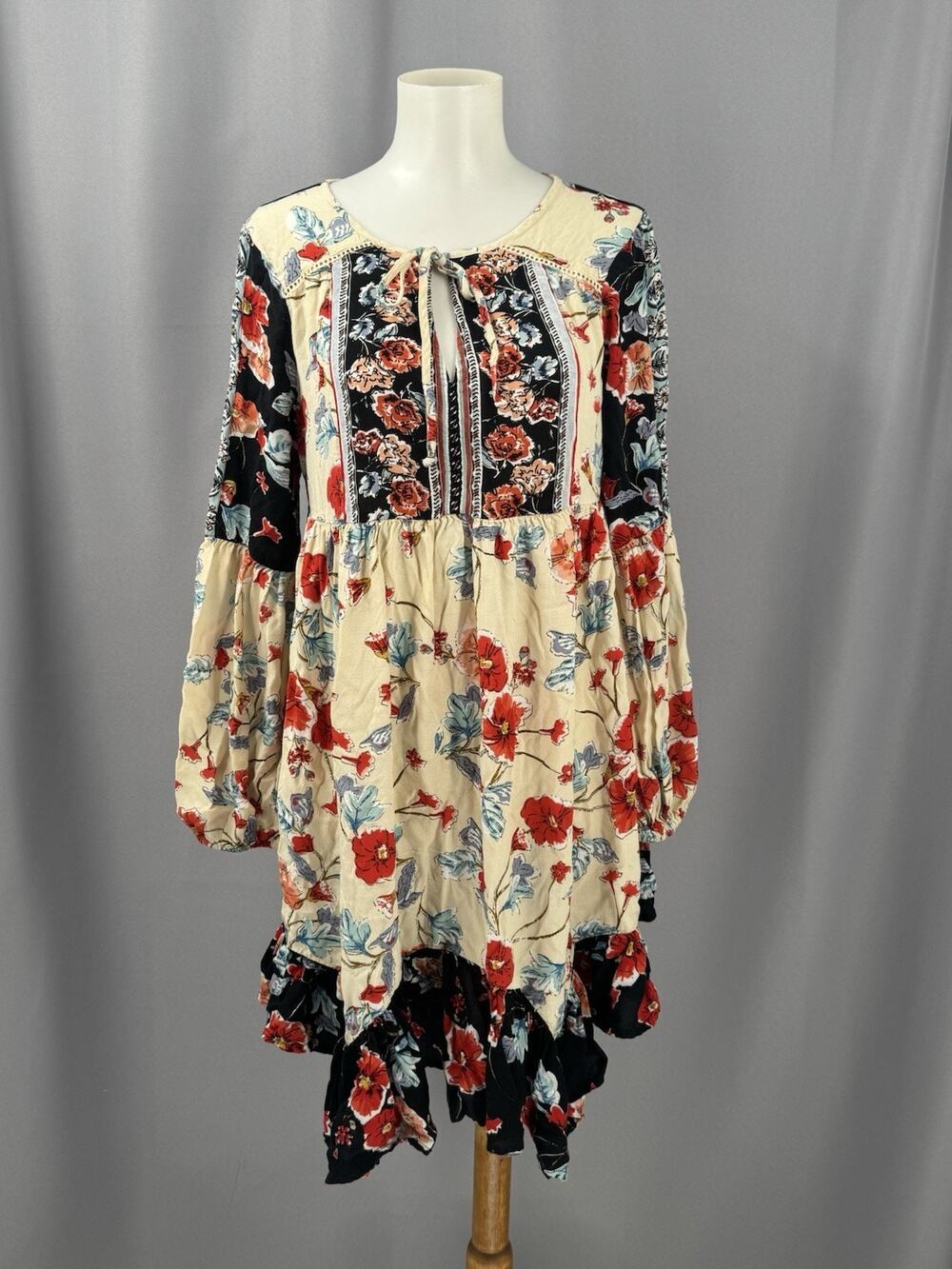 Patrons Of Peace Dress Small Long Sleeve Rayon Floral Babydoll Boho Patchwork